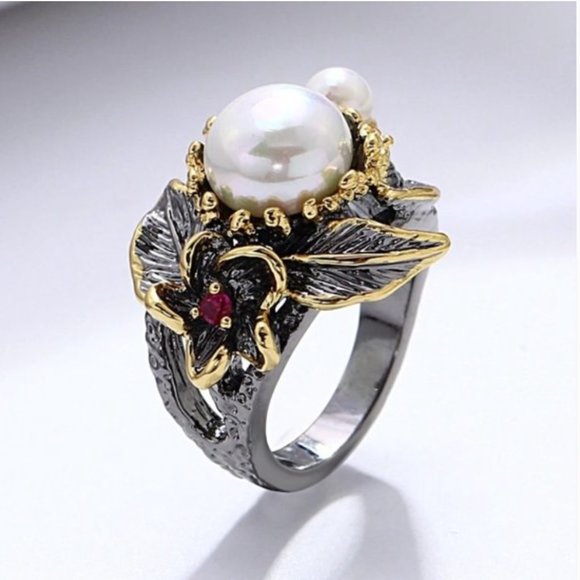 NEW Italian Jewelry Gold Flower Pearl Ring - Picture 12 of 14